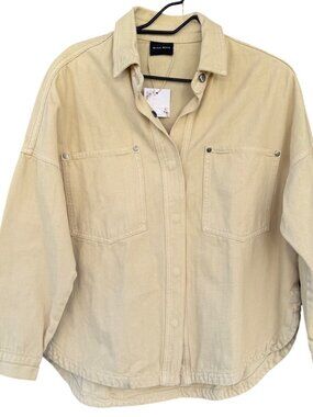 Miou Muse Beige Oversized S/M Button-Up Shirt Jacket With Dual Chest Pockets
